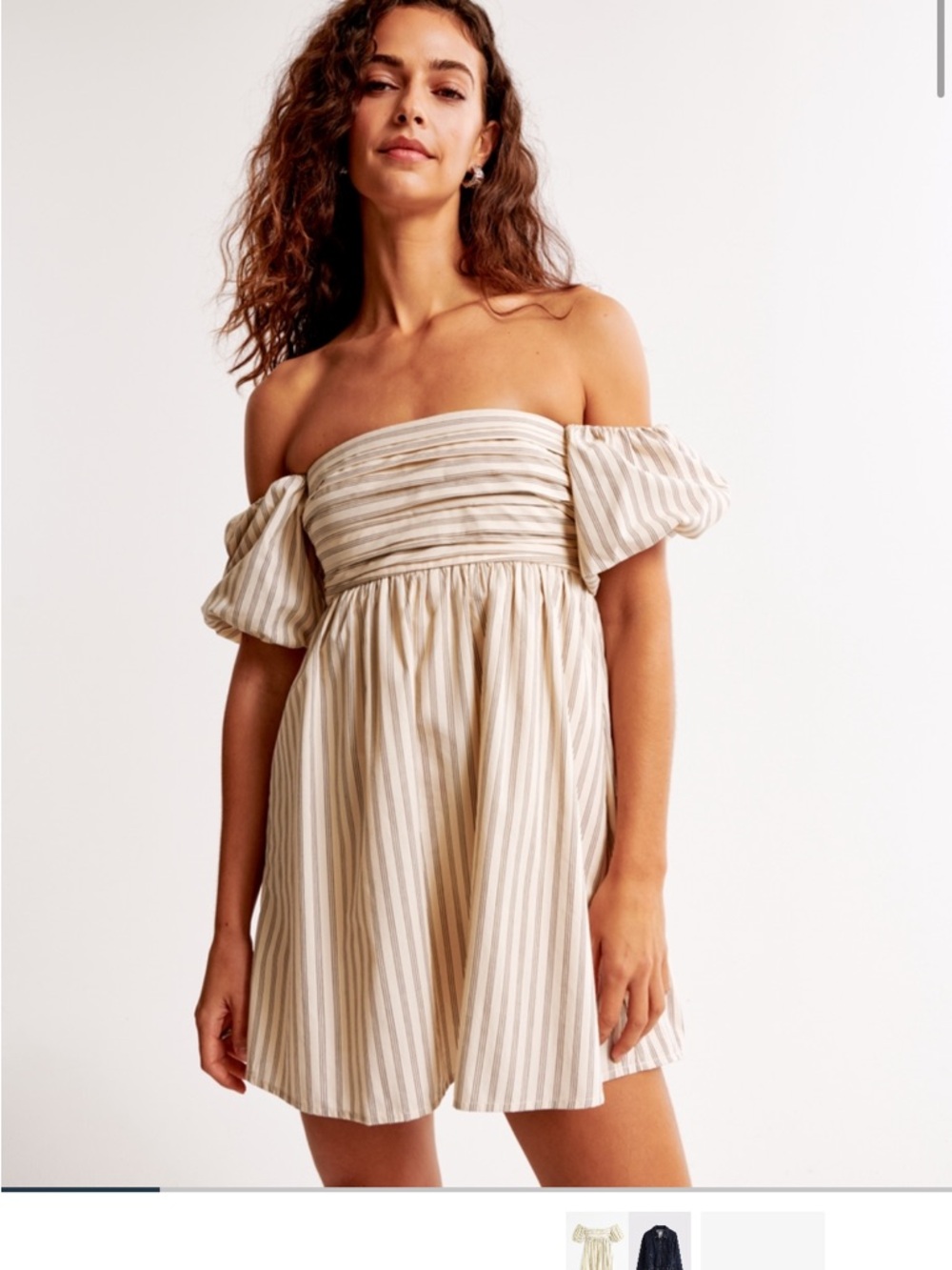 Abercrombie & Fitch Cream and Gray Striped Puff-Sleeve Mini Dress